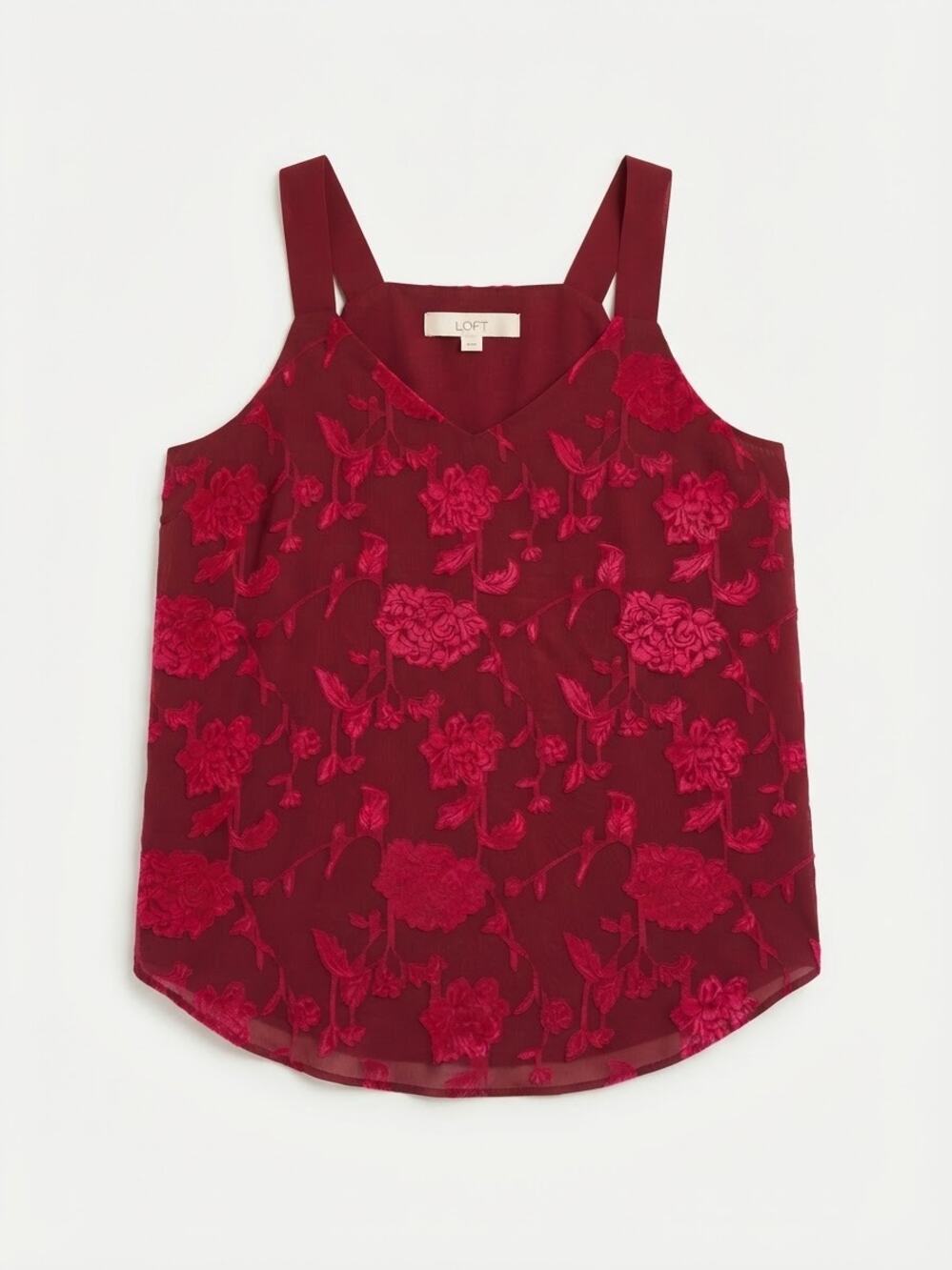 LOFT Tank Top Burgundy Red Floral Jacquard V-Neck Sleeveless Blouse Size S Fall